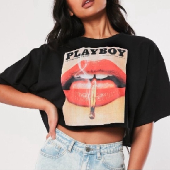 Playboy Black Lips Cropped T-Shirt oversized by Missguided - Picture 1 of 5